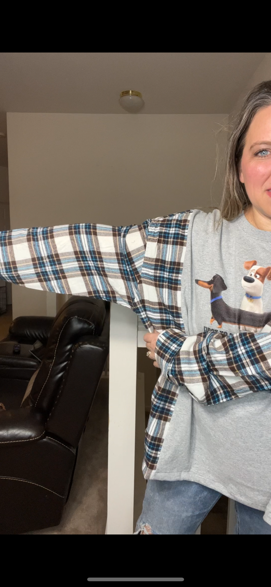 Upcycled Wiener dog- women’s 3X T-shirt with flannel sleeves