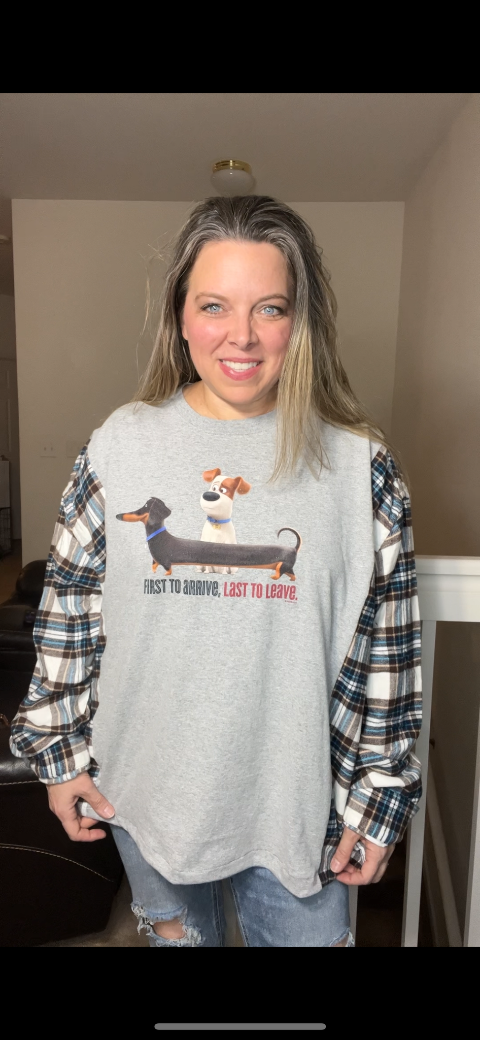 Upcycled Wiener dog- women’s 3X T-shirt with flannel sleeves