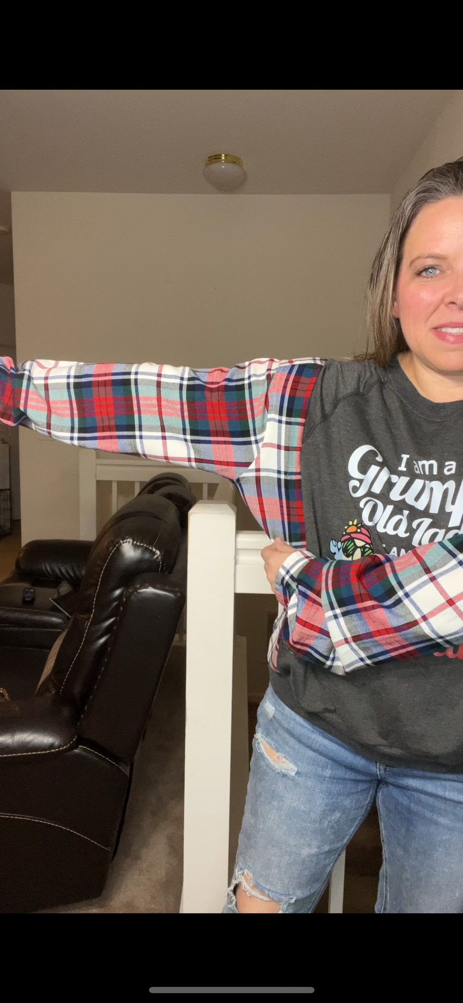 Upcycled Old lady – women’s medium French Terry shirt with flannel sleeves