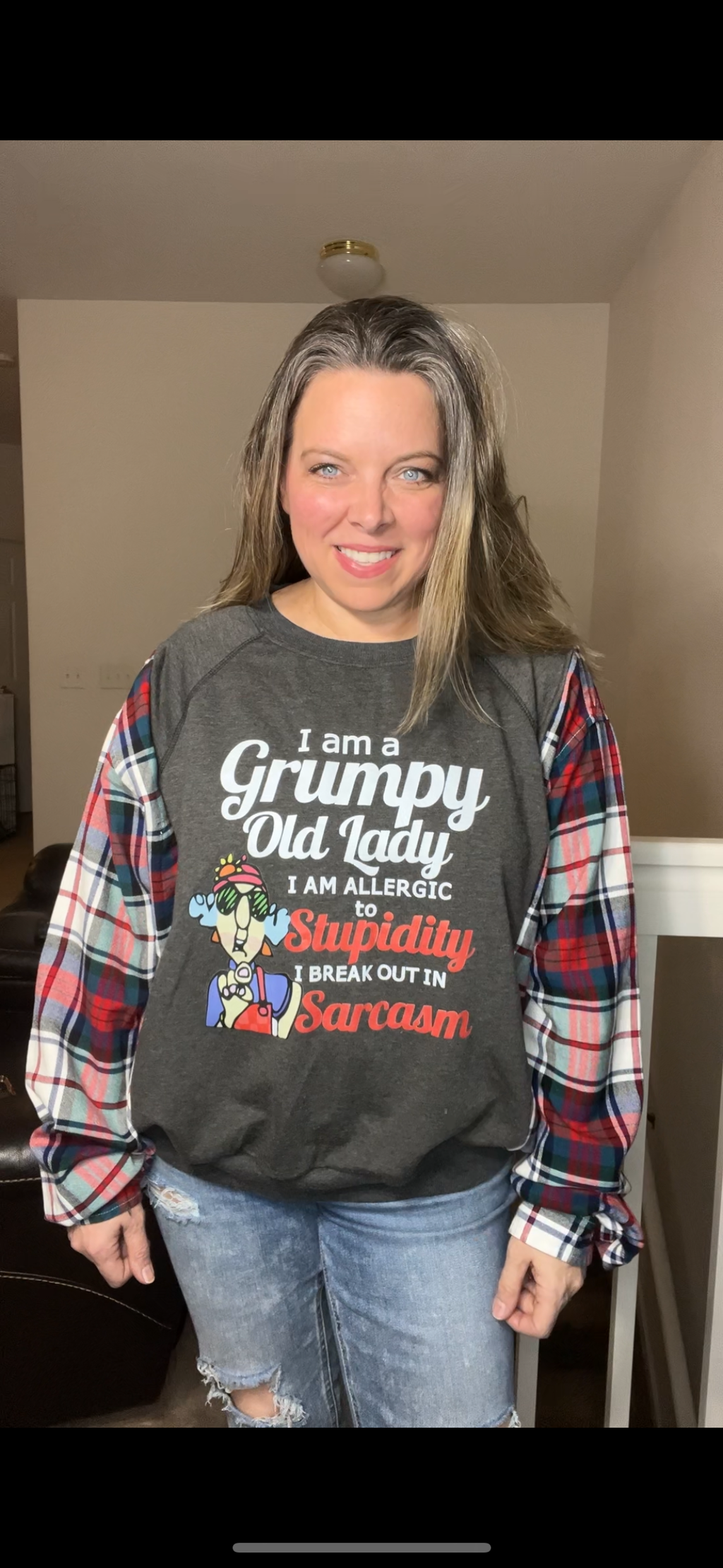 Upcycled Old lady – women’s medium French Terry shirt with flannel sleeves