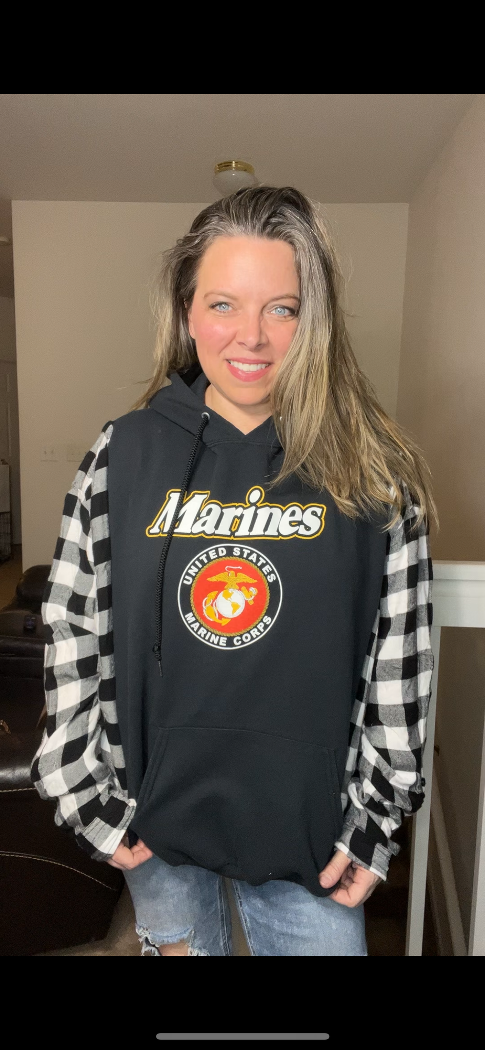 Upcycled Marines – women’s 2X midweight sweatshirt with flannel sleeves