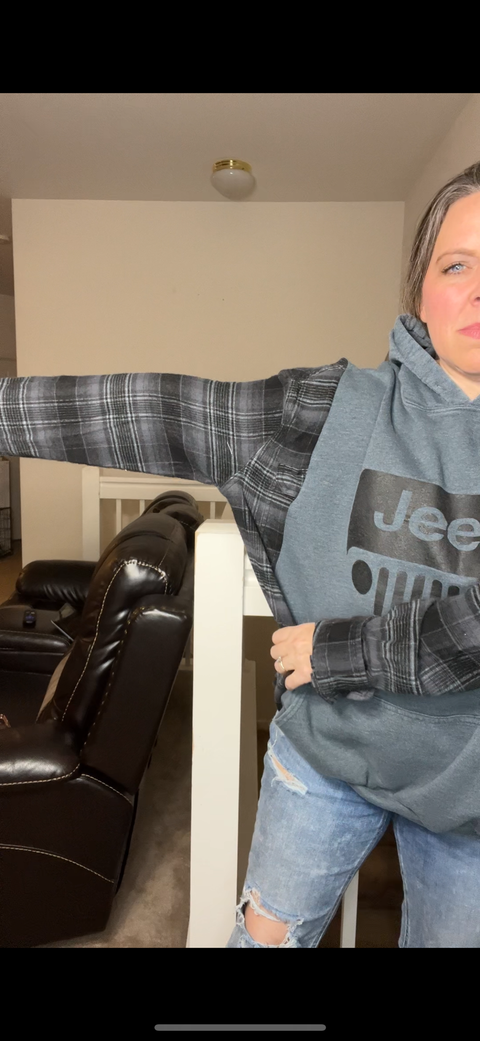 Upcycled Jeep – women’s 2X midweight sweatshirt with Plano sleeves – sleeves slightly more narrow
