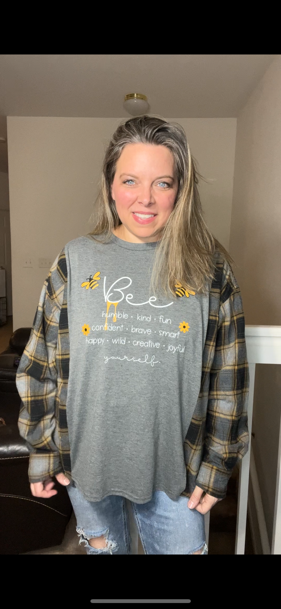 Upcycled Bee - Women’s 1X/2X T-shirt with flannel sleeves
