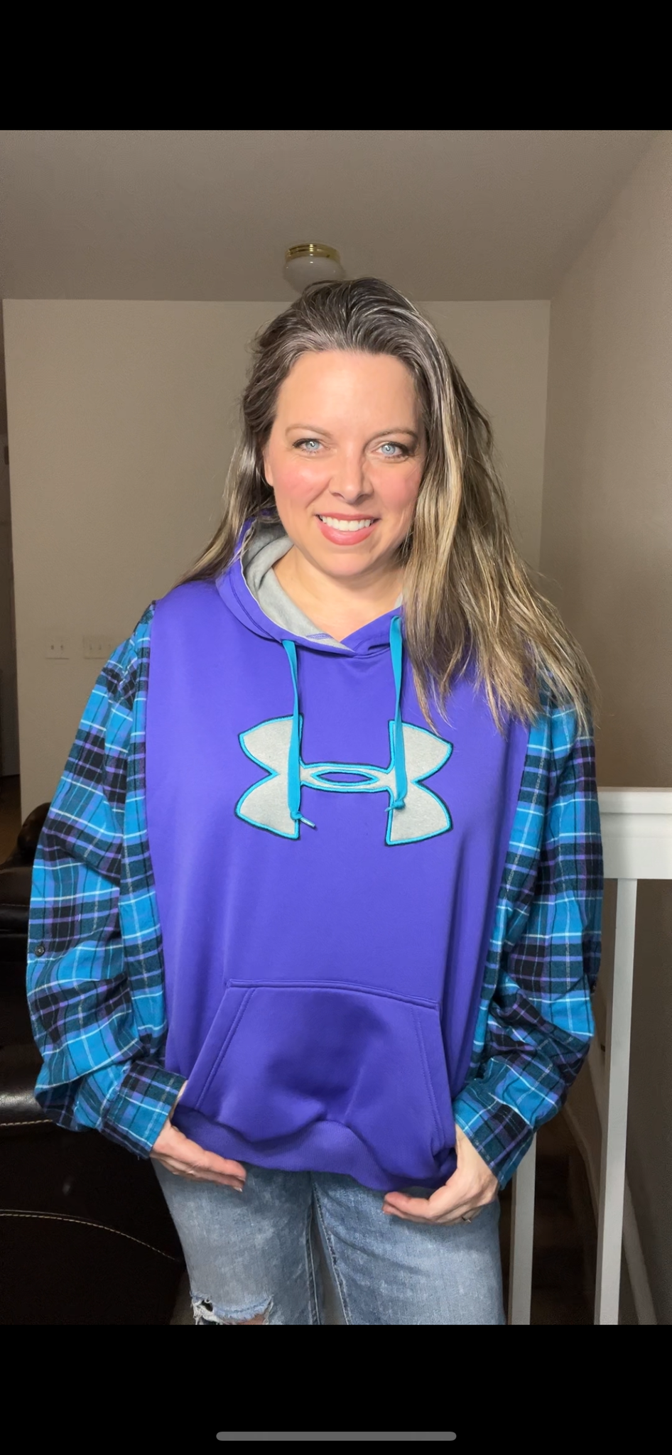 Upcycled UA Purple – women’s large – midweight sweatshirt with flannel sleeves