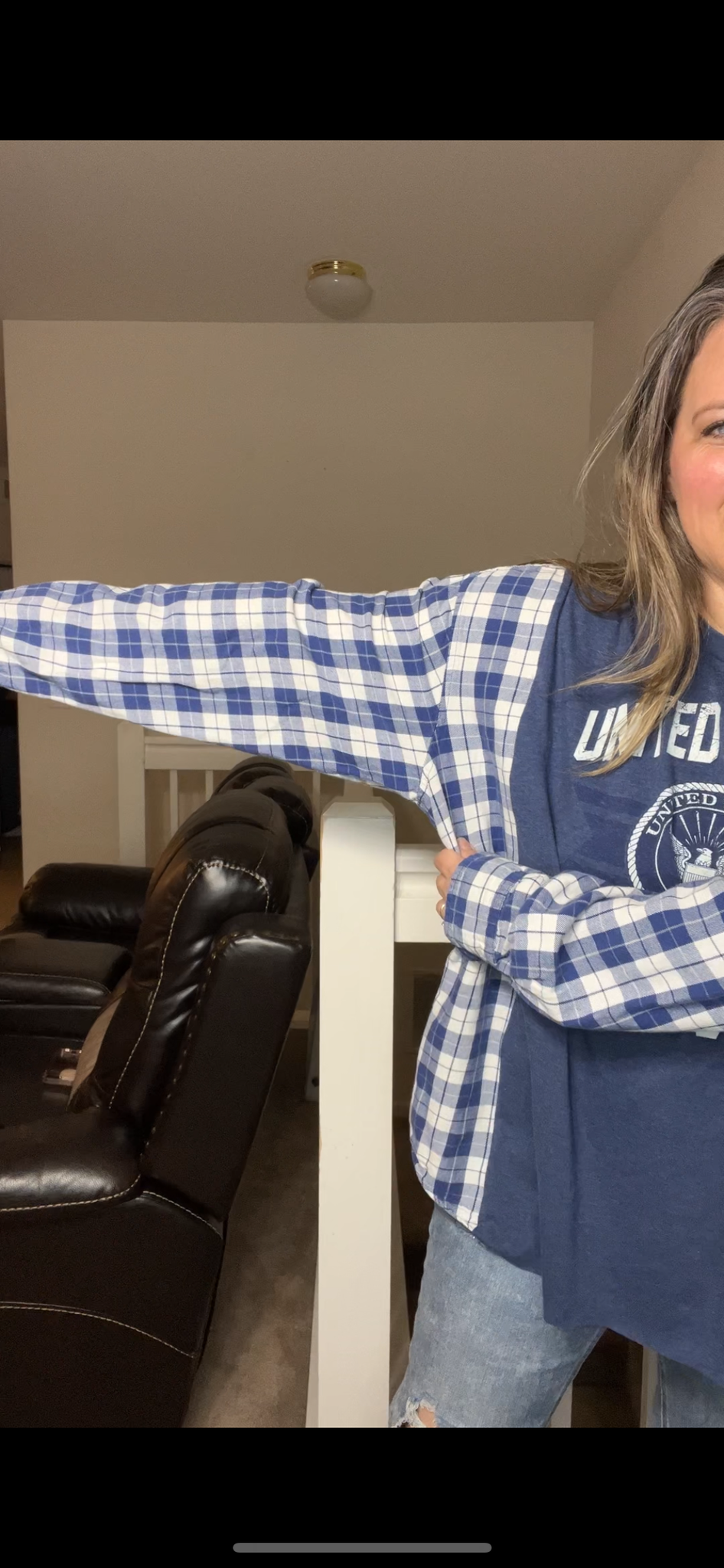 Upcycled Navy – women’s 3X T-shirt with flannel sleeves