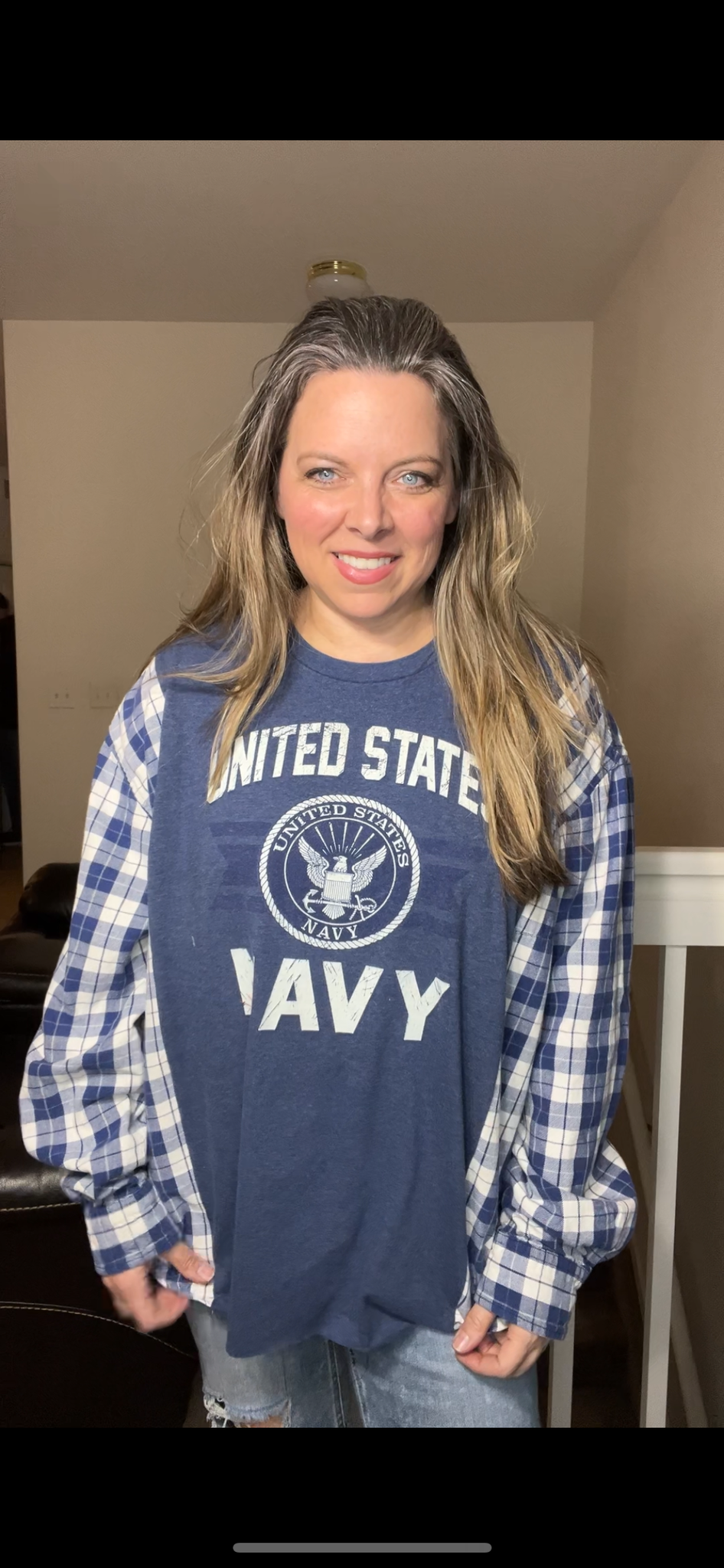 Upcycled Navy – women’s 3X T-shirt with flannel sleeves