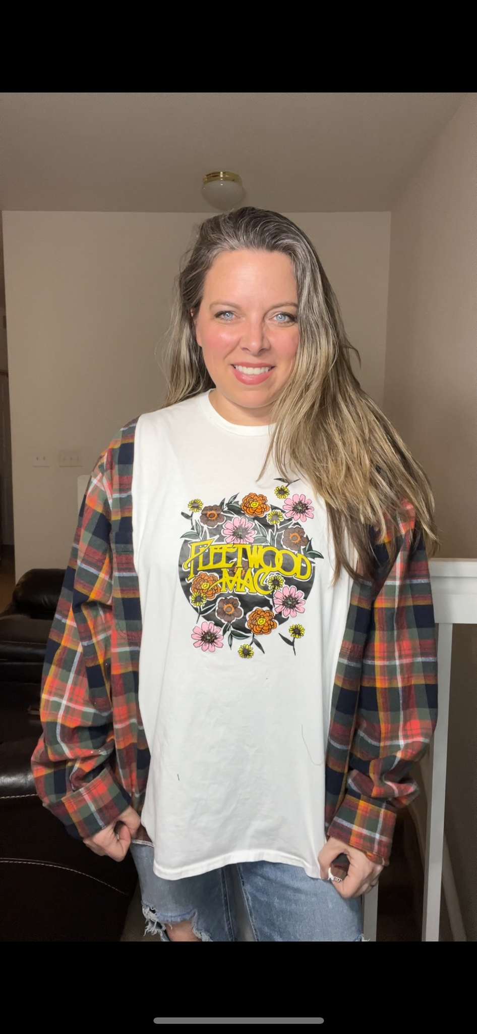 Upcycled Fleetwood Mac – women’s 2X T-shirt with flannel sleeves