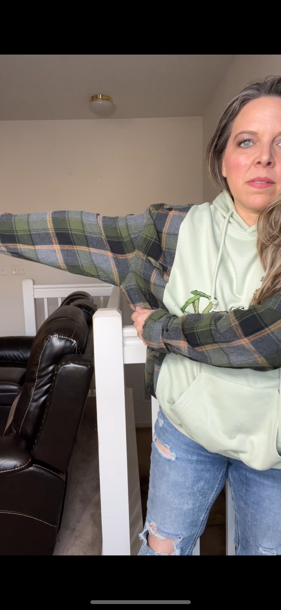 Upcycled Frog and toad – women’s XL/1X midweight sweatshirt with flannel sleeves