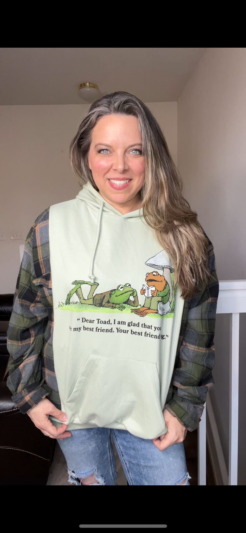 Upcycled Frog and toad – women’s XL/1X midweight sweatshirt with flannel sleeves