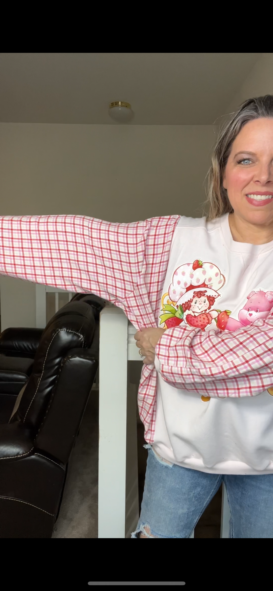 Upcycled Carebear strawberry shortcake – women’s 1X/2X midweight sweatshirt with flannel sleeves