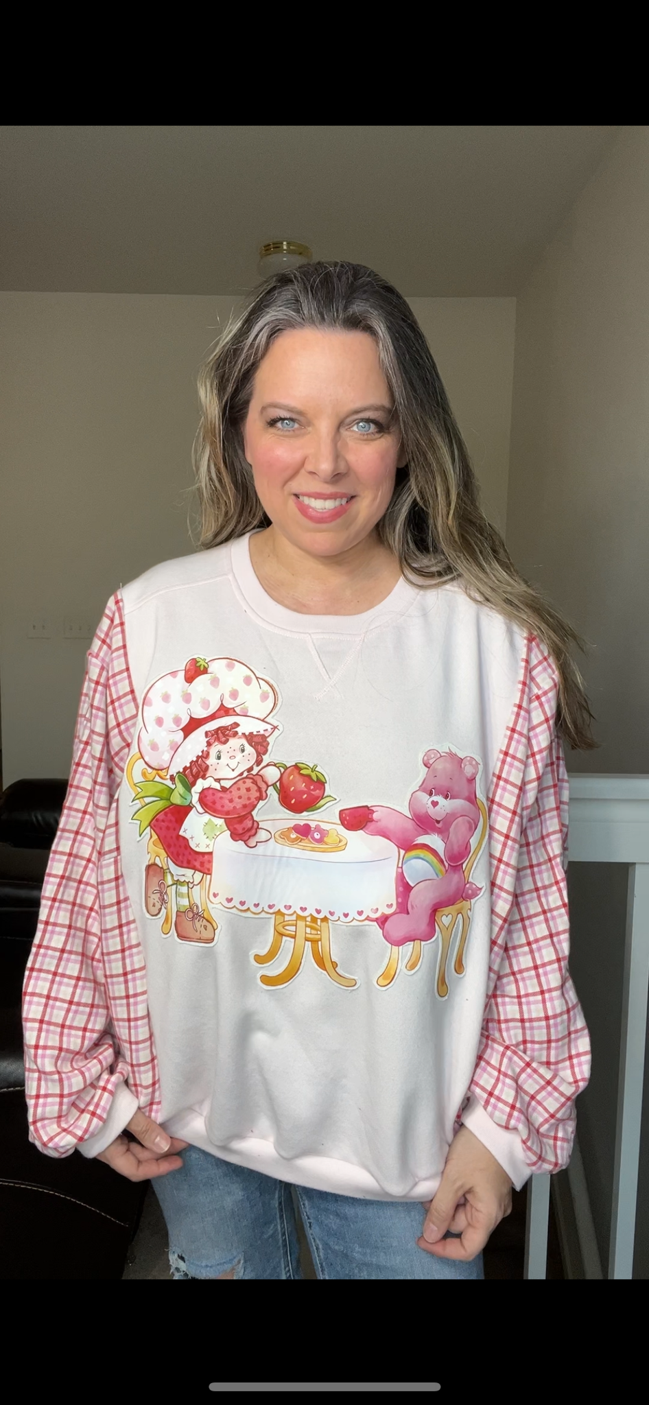 Upcycled Carebear strawberry shortcake – women’s 1X/2X midweight sweatshirt with flannel sleeves
