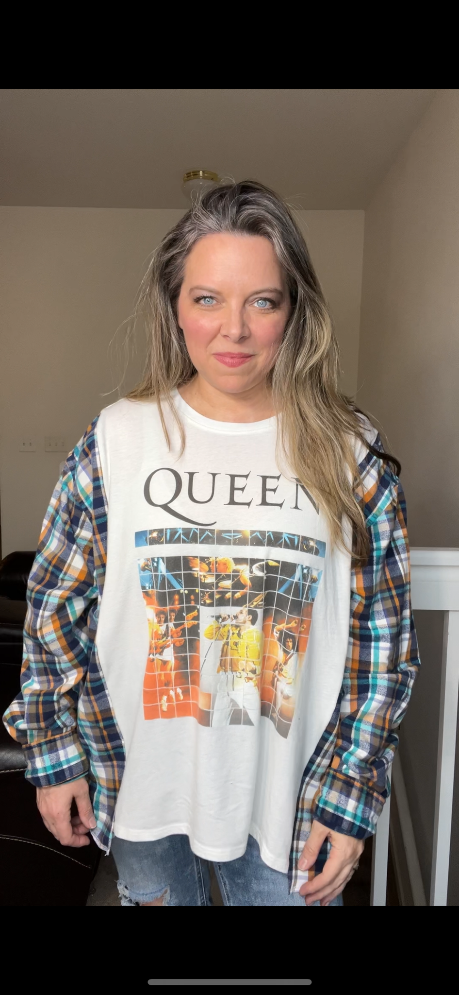 Upcycled Queen – women’s 3X T-shirt, with thick flannel sleeves