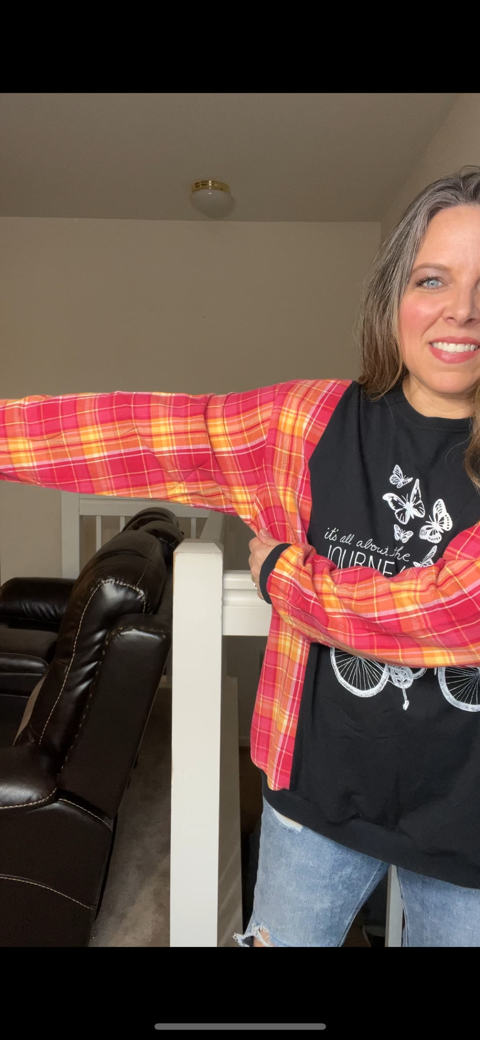 Upcycled Bike – women’s 1X/2X T-shirt with flannel sleeves