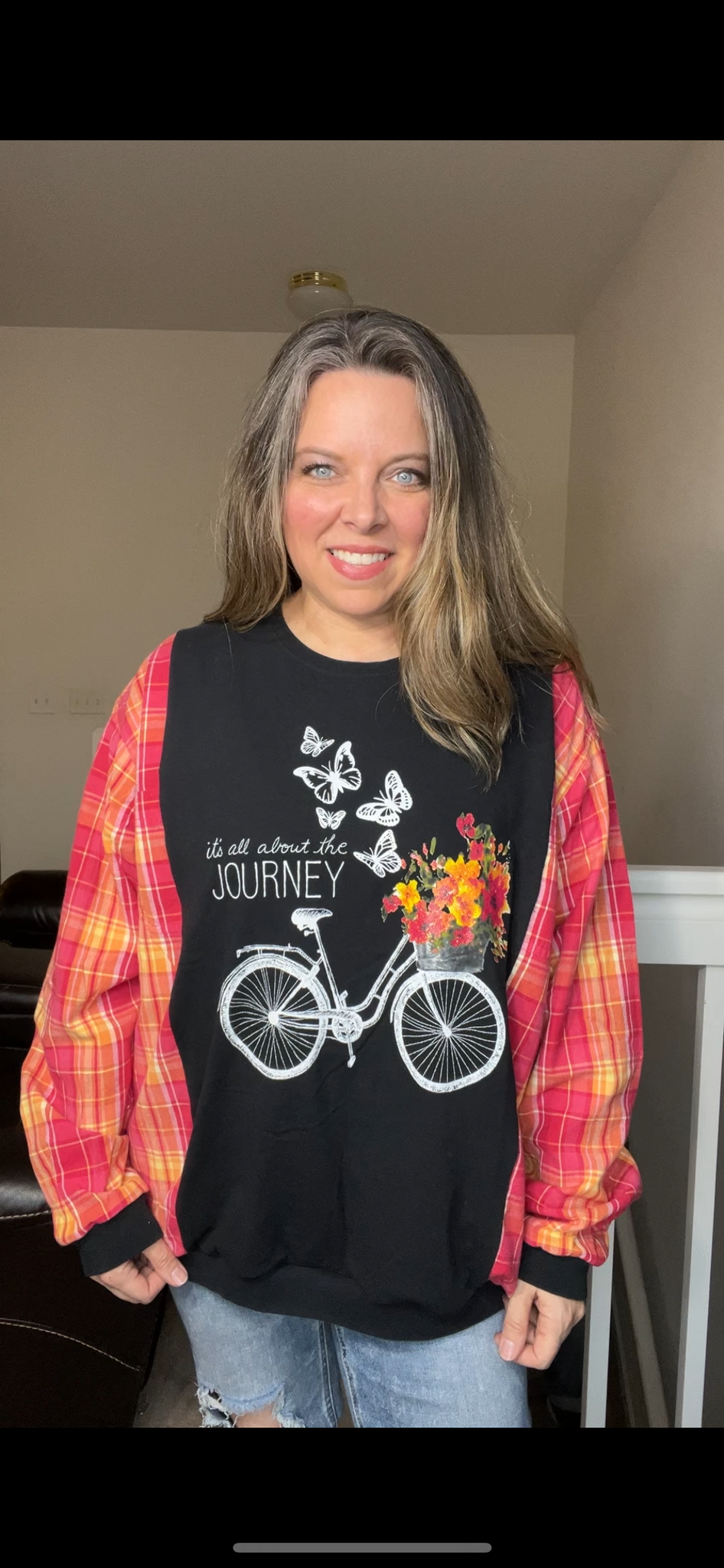 Upcycled Bike – women’s 1X/2X T-shirt with flannel sleeves