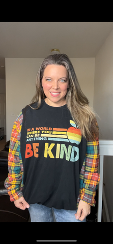 Upcycled Be kind – women’s 3X/4X T-shirt with flannel sleeves