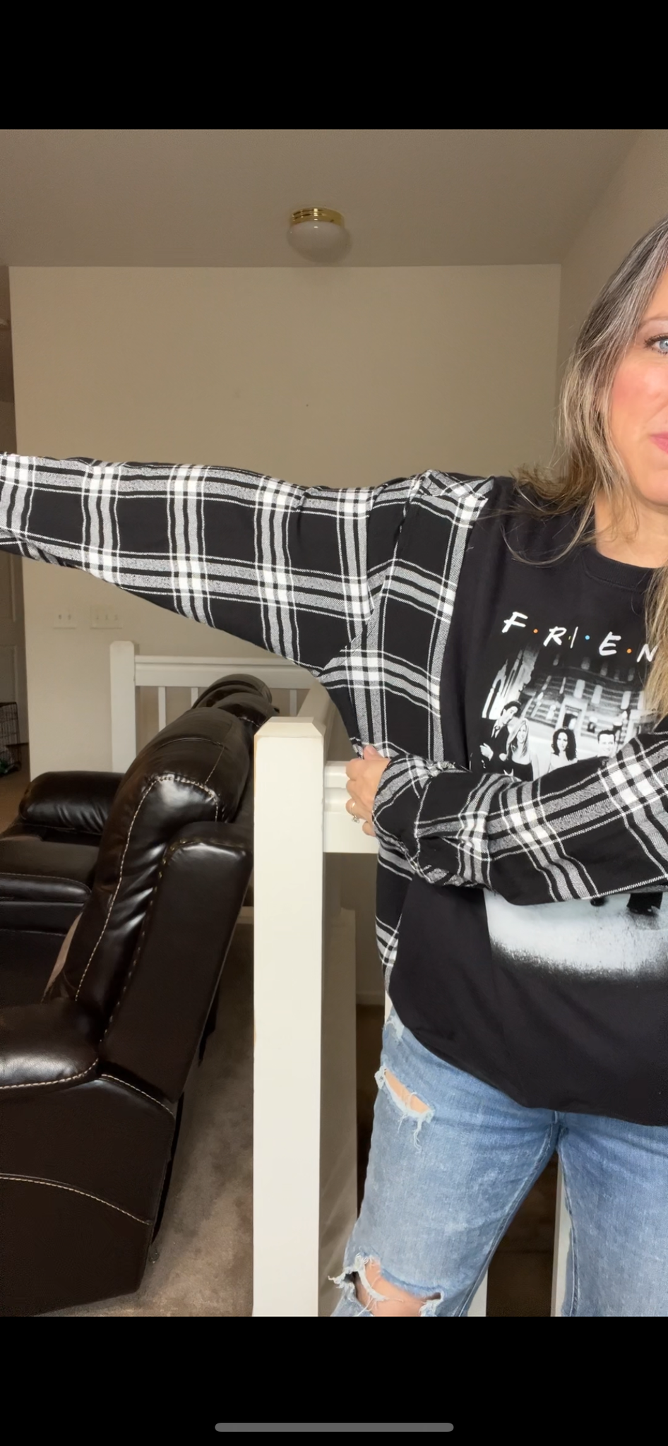 Upcycled Friends – women’s large/XL midweight sweatshirt with flannel sleeves