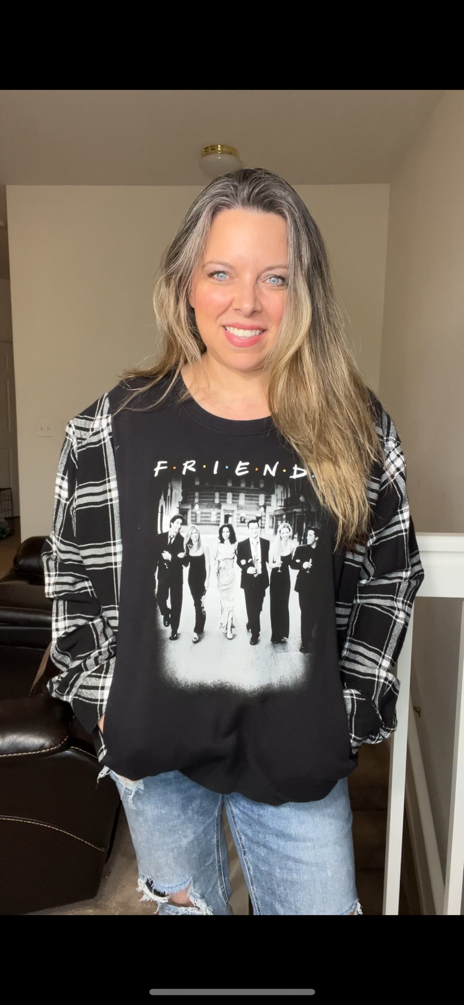 Upcycled Friends – women’s large/XL midweight sweatshirt with flannel sleeves