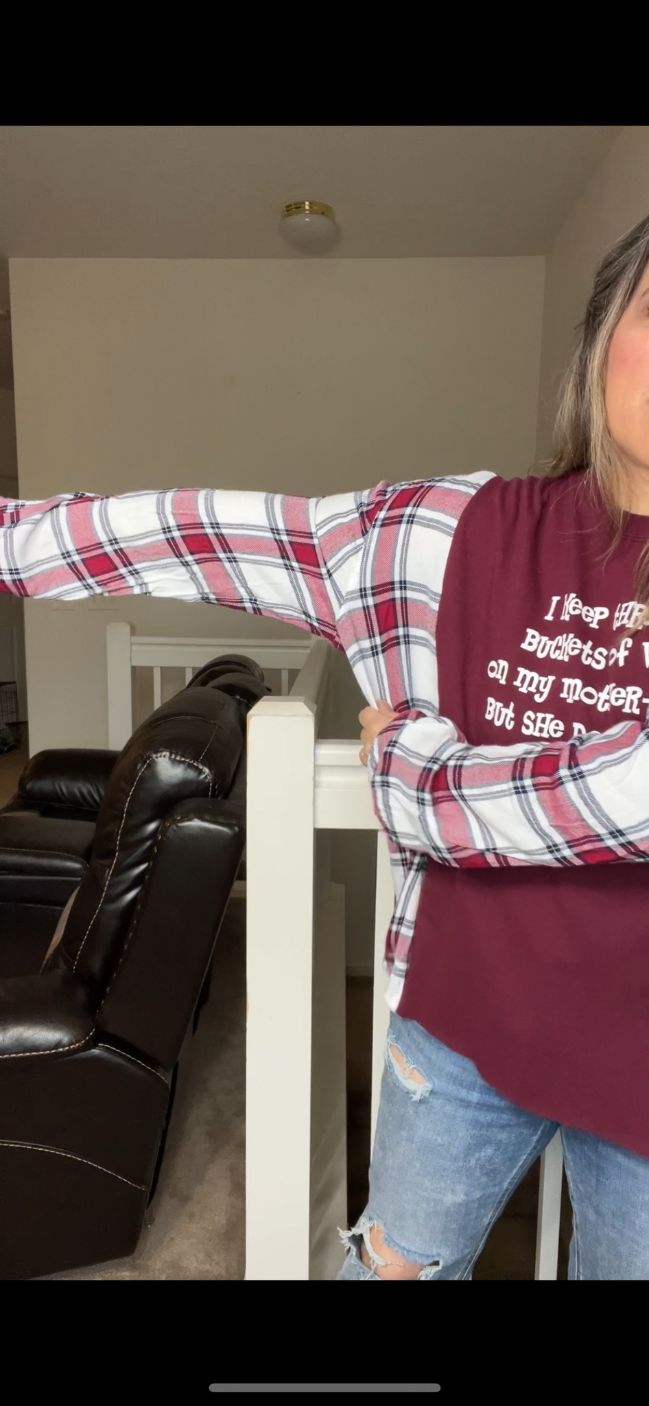 Upcycled mother-in-law – women’s 1X T-shirt, with flannel sleeves