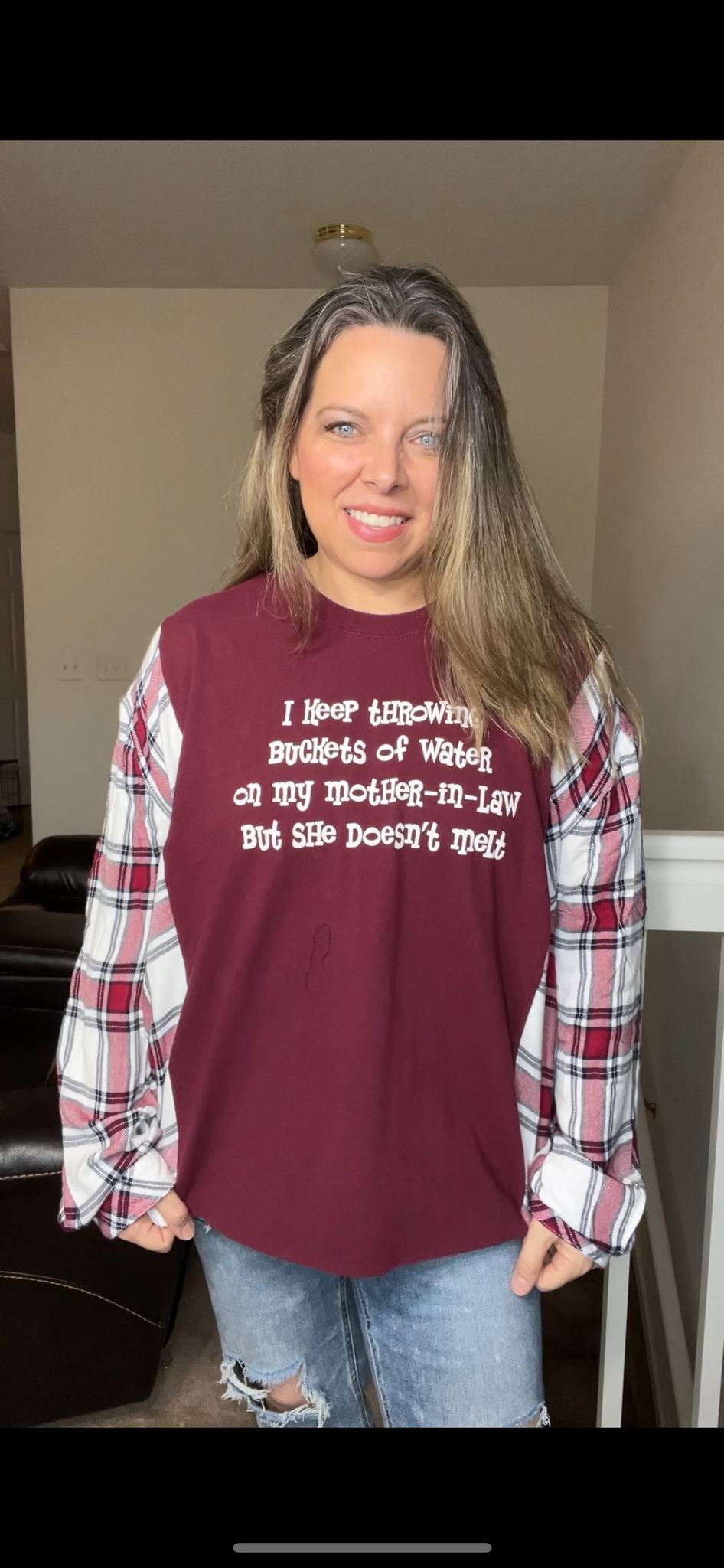 Upcycled mother-in-law – women’s 1X T-shirt, with flannel sleeves