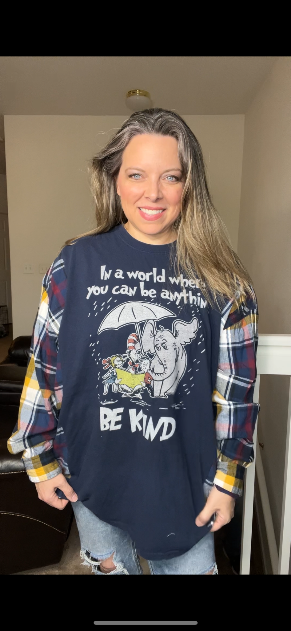 Upcycled Dr. Seuss – women’s 4X T-shirt with flannel sleeves