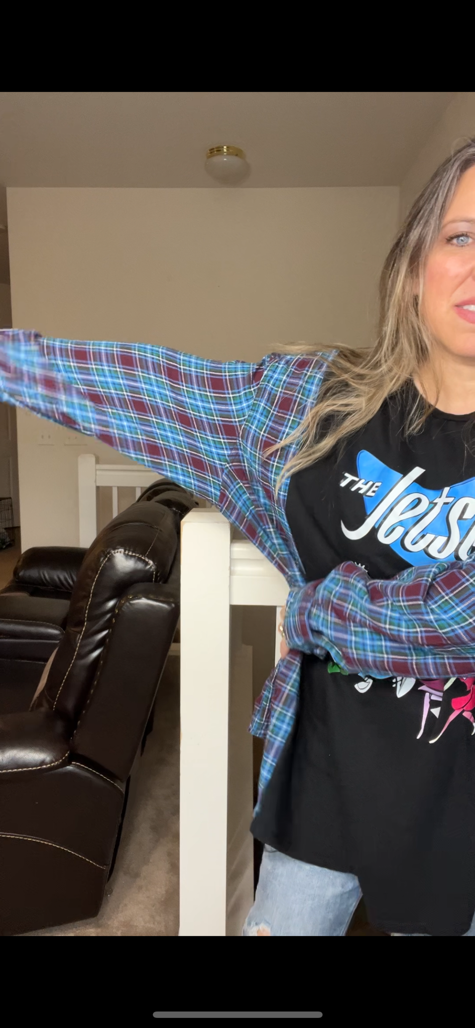 Upcycled Jetsons – women’s 3X T-shirt with flannel sleeves