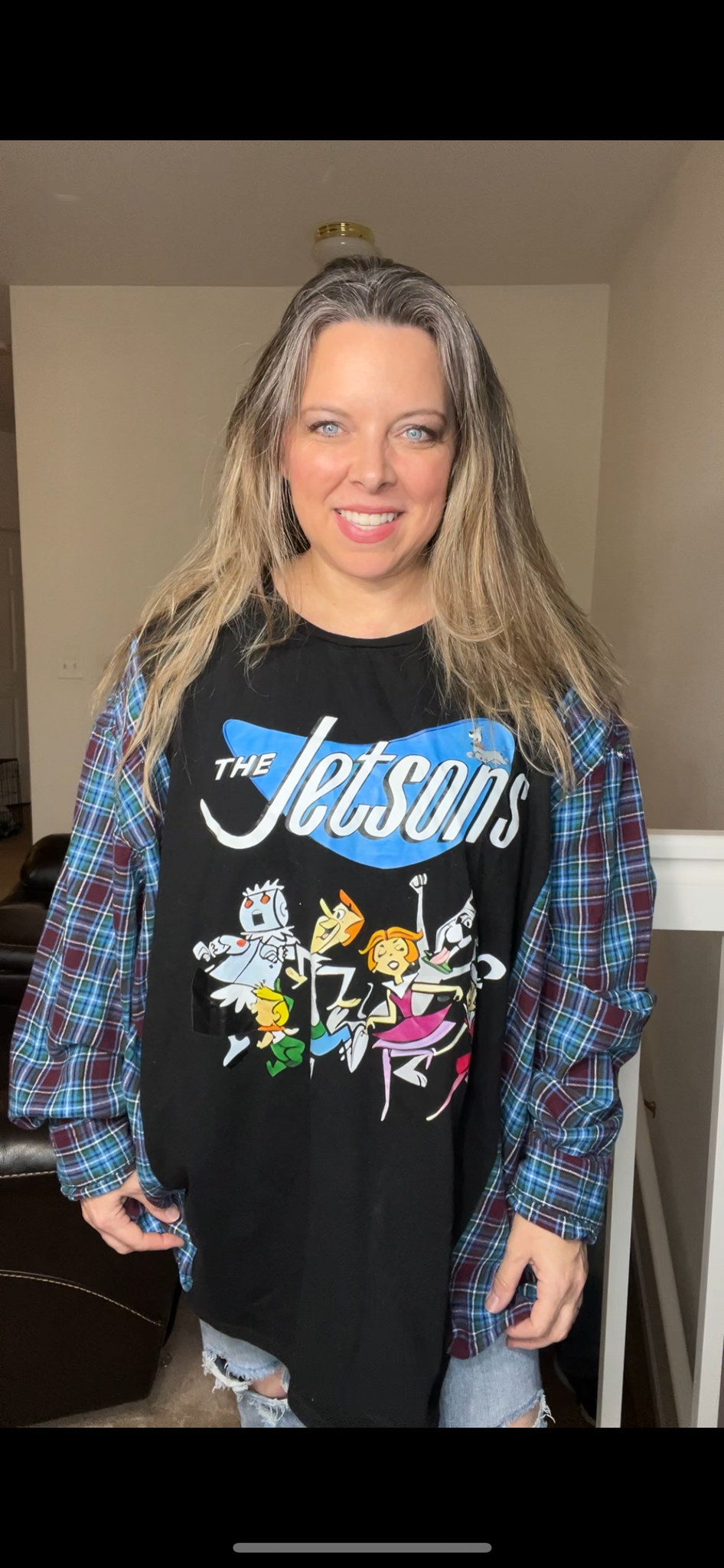 Upcycled Jetsons – women’s 3X T-shirt with flannel sleeves