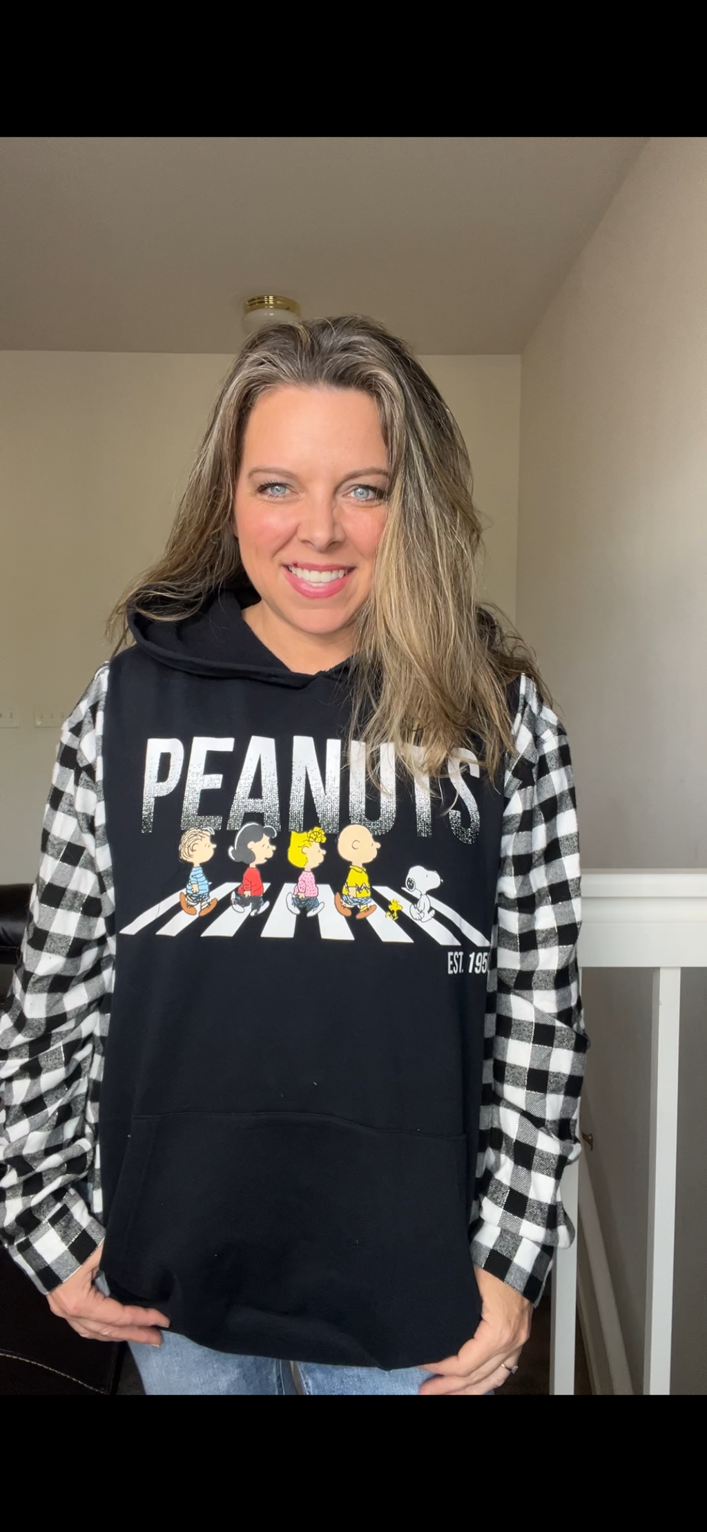 Upcycled Peanuts – women’s 2X/3X midweight sweatshirt with flannel sleeves