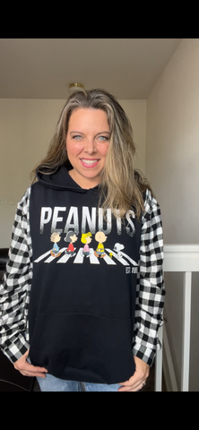 Upcycled Peanuts – women’s 2X/3X midweight sweatshirt with flannel sleeves