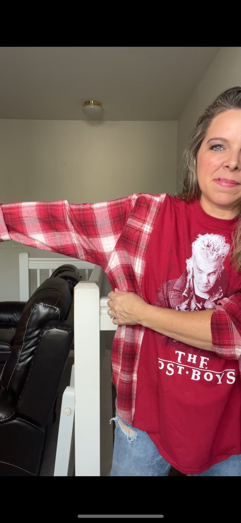 Upcycled Lost boys – women’s large T-shirt with flannel sleeves