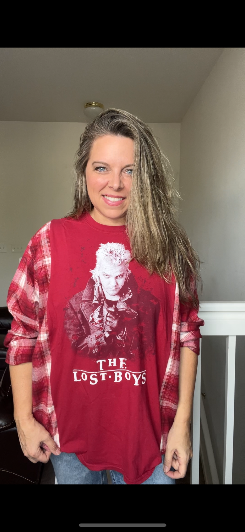 Upcycled Lost boys – women’s large T-shirt with flannel sleeves