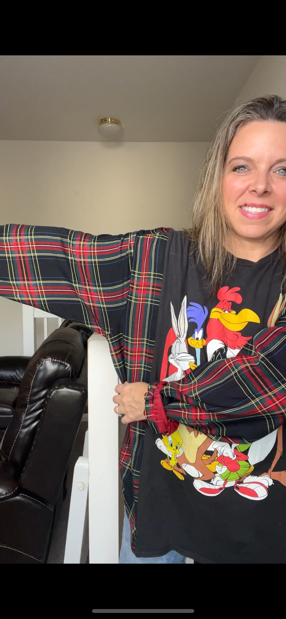 Upcycled Looney Tunes - women’s 3X T-shirt with flannel sleeves