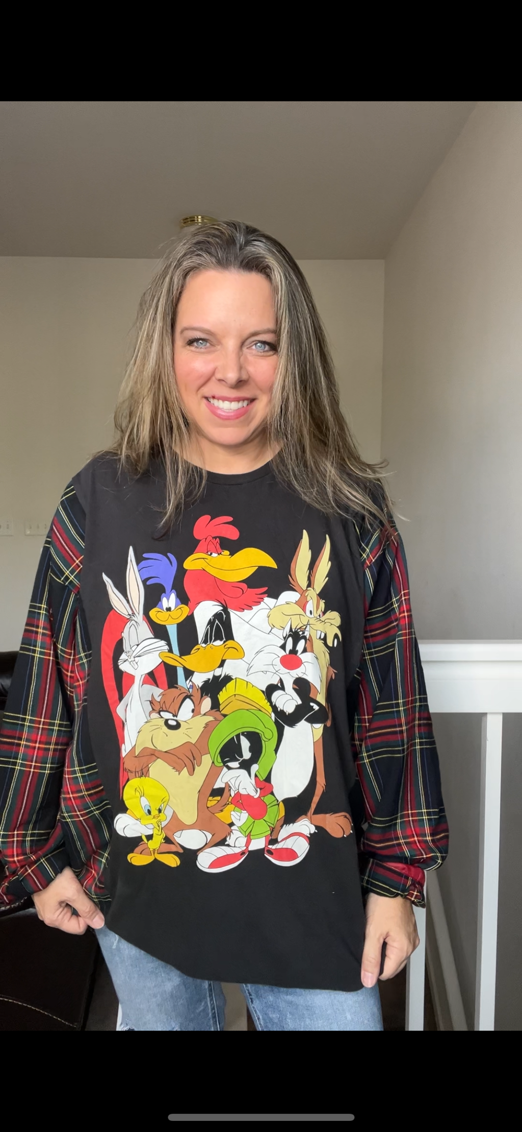 Upcycled Looney Tunes - women’s 3X T-shirt with flannel sleeves