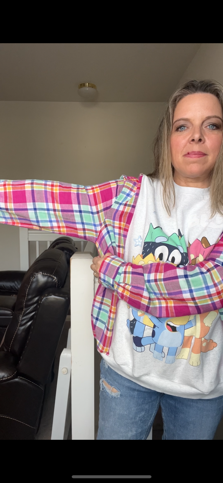 Upcycled Bluey – women’s XL/1X midweight sweatshirt with thin flannel sleeves