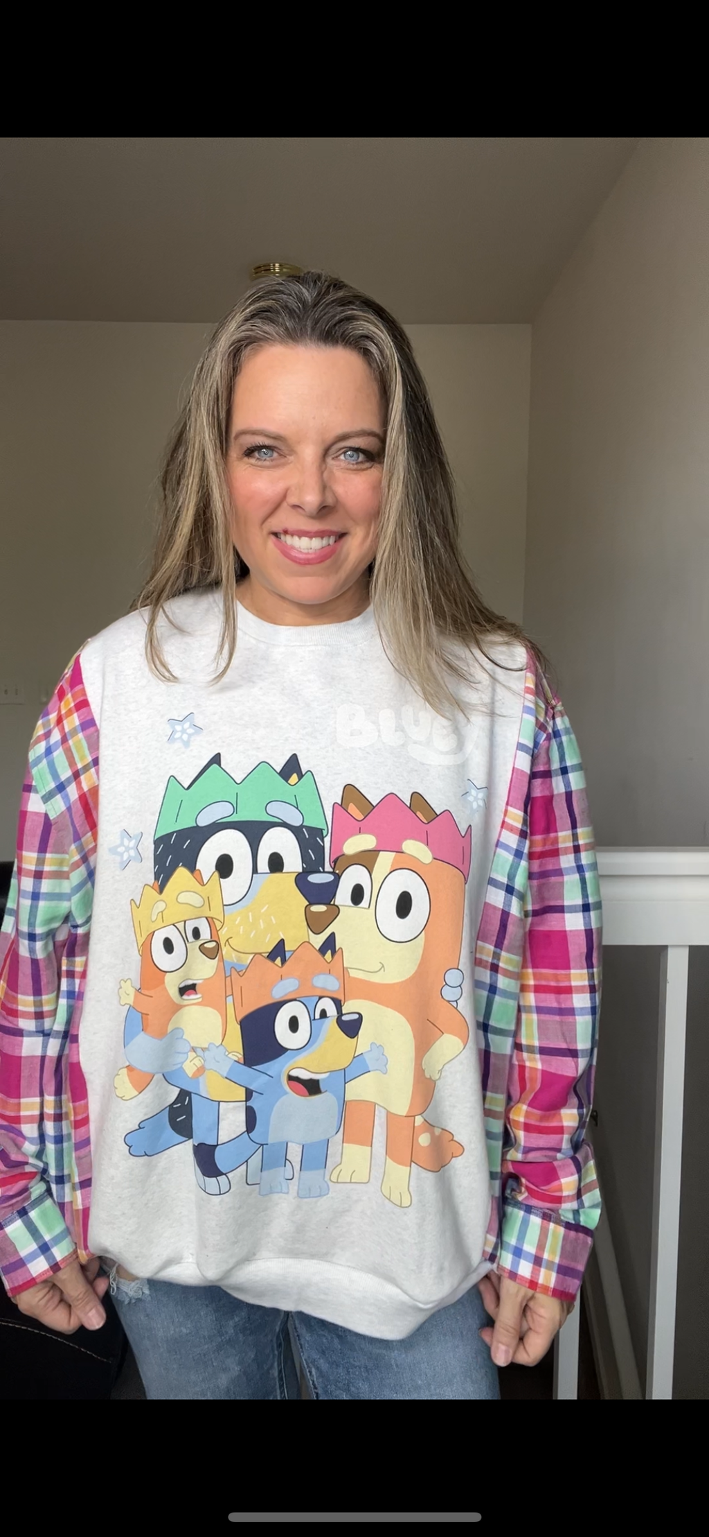 Upcycled Bluey – women’s XL/1X midweight sweatshirt with thin flannel sleeves