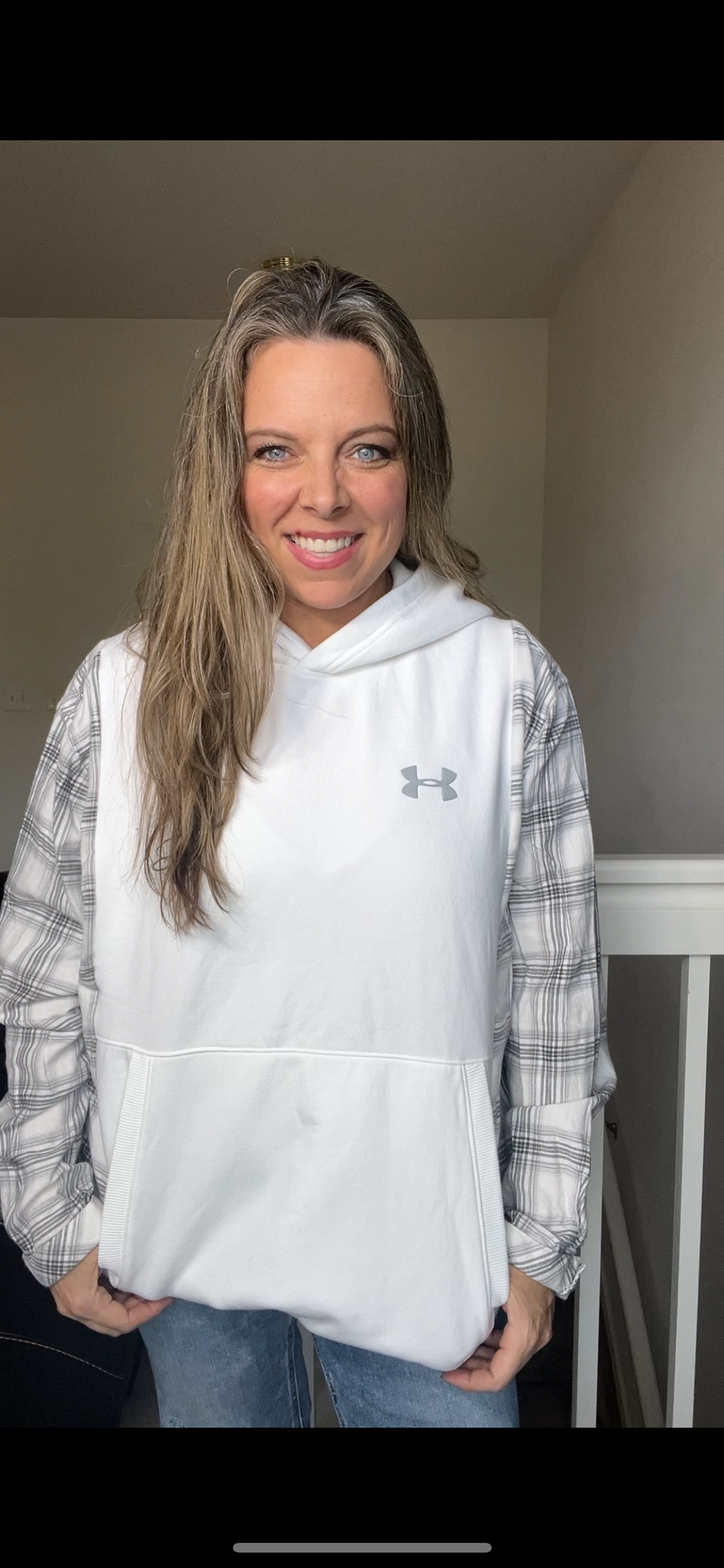Upcycled White UA - Women’s 1X midweight sweatshirt with flannel sleeves