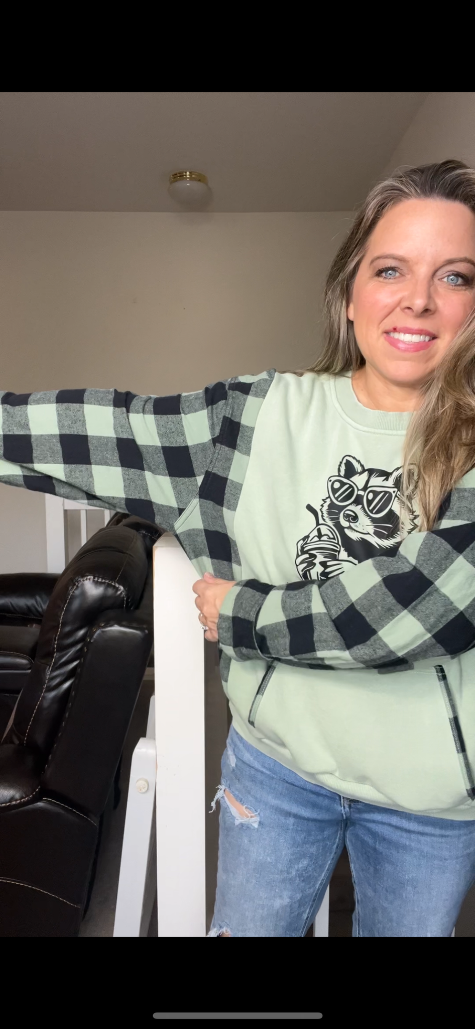 Upcycled Raccoon – women’s medium/large midweight sweatshirt with flannel sleeves