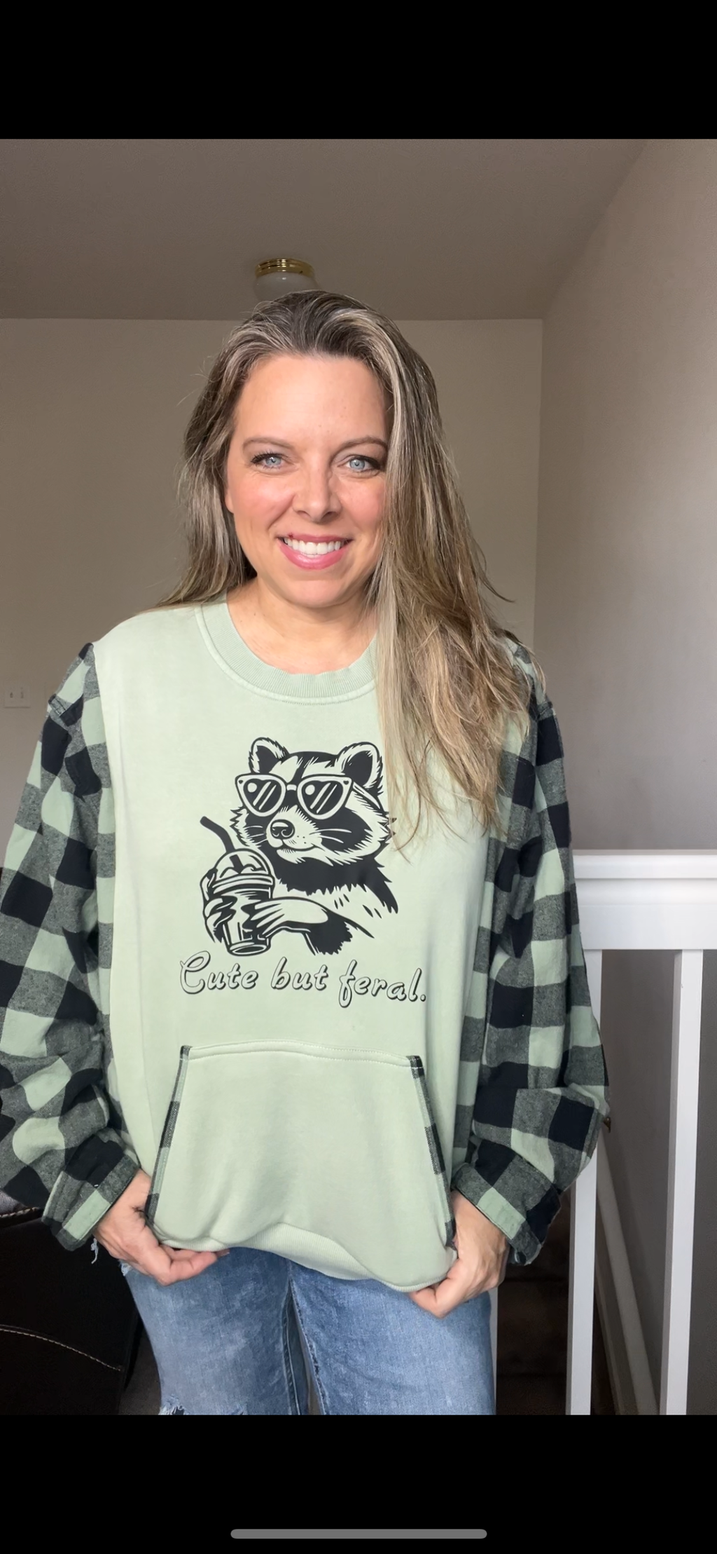 Upcycled Raccoon – women’s medium/large midweight sweatshirt with flannel sleeves