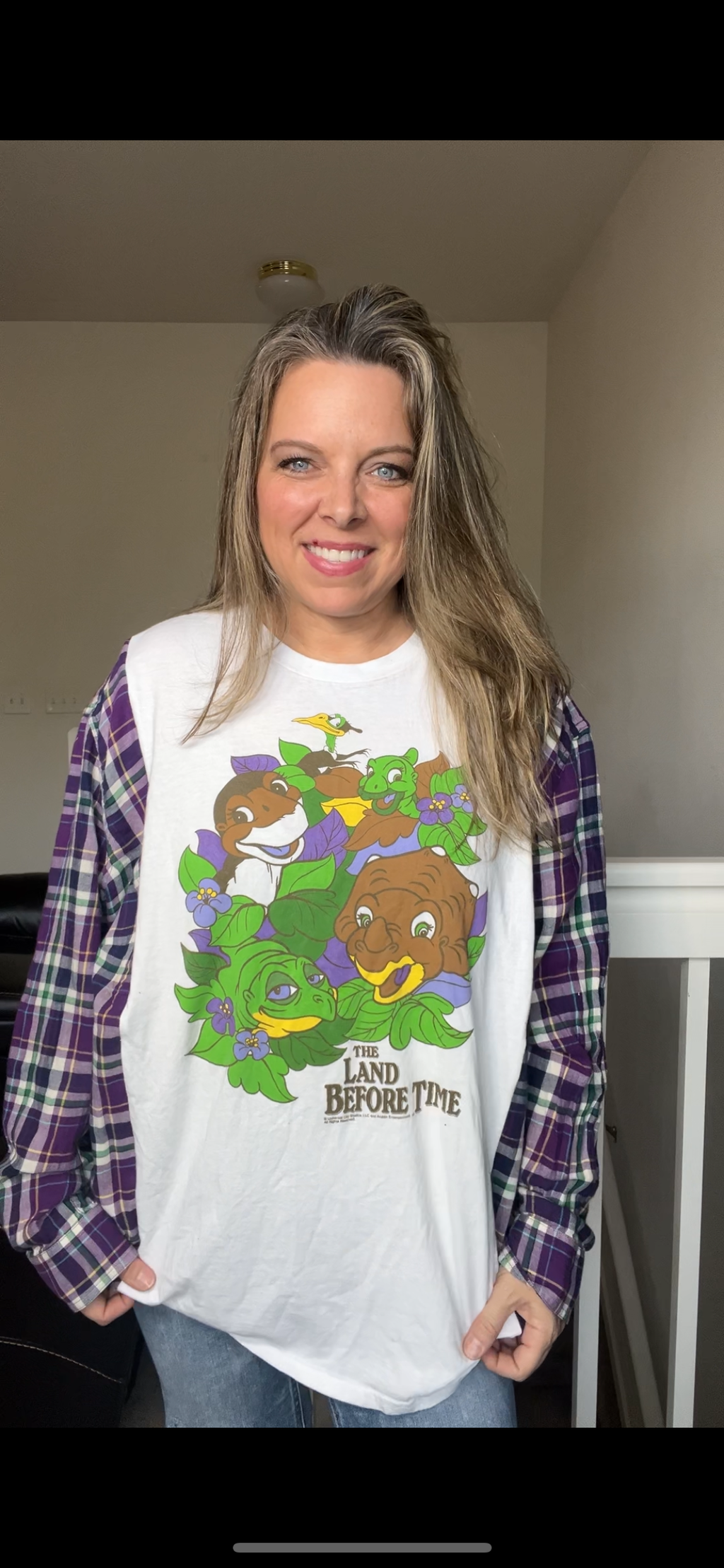 Upcycled Land Before Time – women’s 3X T-shirt with thin flannel sleeves