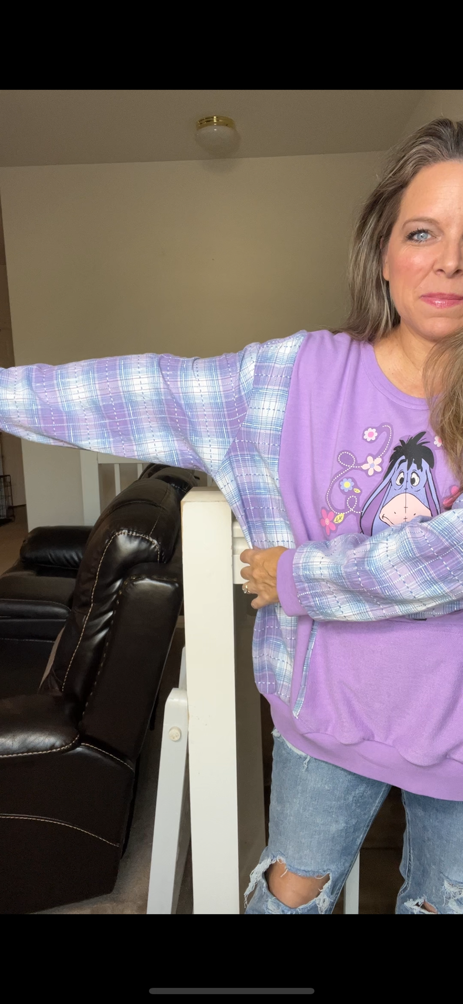 Upcycled Eeyore - Women’s 2X midweight sweatshirt with flannel sleeves