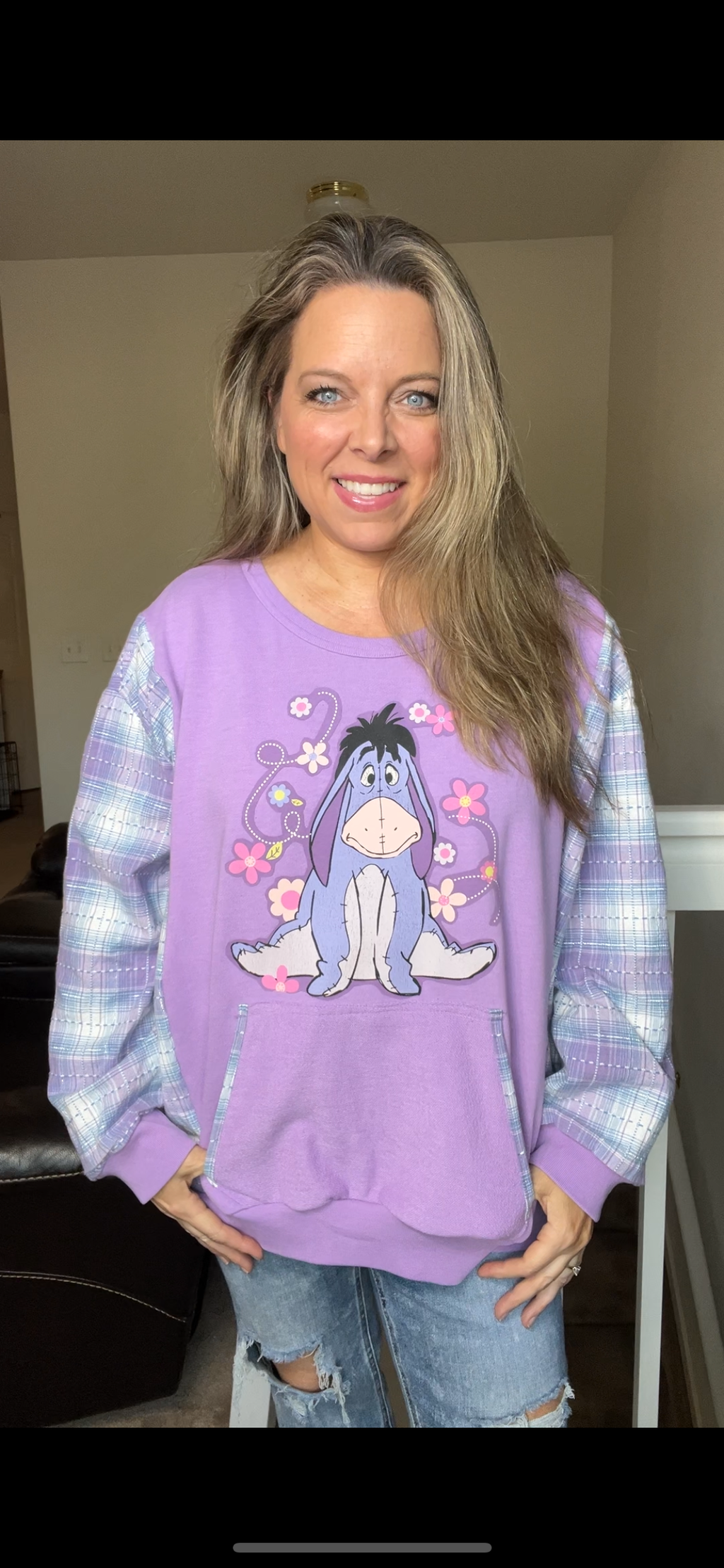 Upcycled Eeyore - Women’s 2X midweight sweatshirt with flannel sleeves