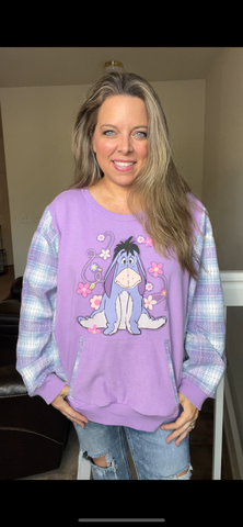 Upcycled Eeyore - Women’s 2X midweight sweatshirt with flannel sleeves
