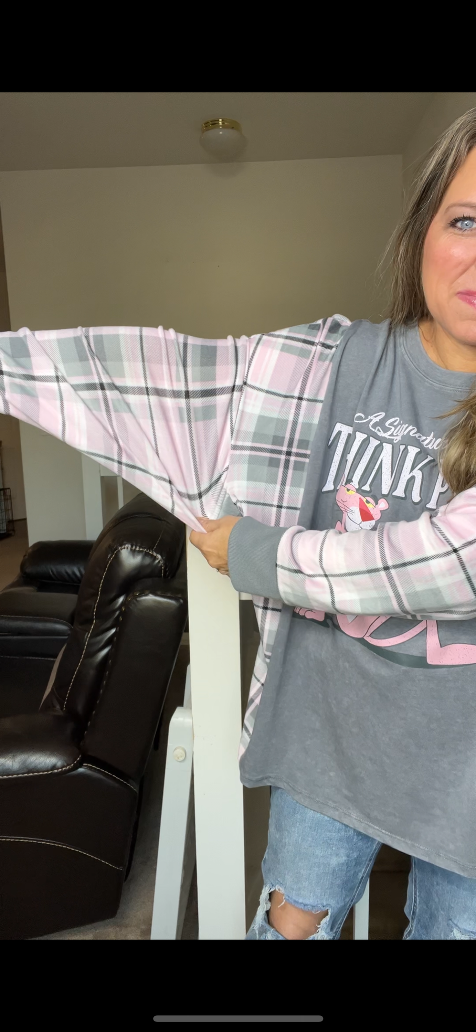 Upcycled Pink Panther – women’s 2X/3X T-shirt with stretchy sleeves