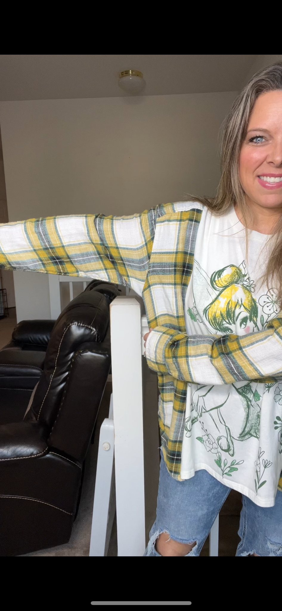 Upcycled TinkerBell – women’s 1X/2X T-shirt with flannel sleeves