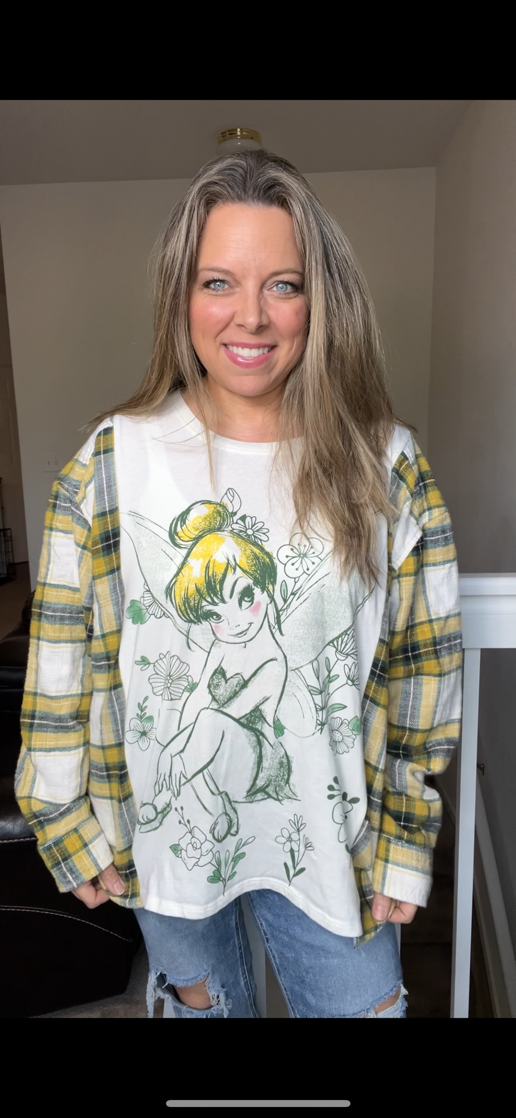 Upcycled TinkerBell – women’s 1X/2X T-shirt with flannel sleeves