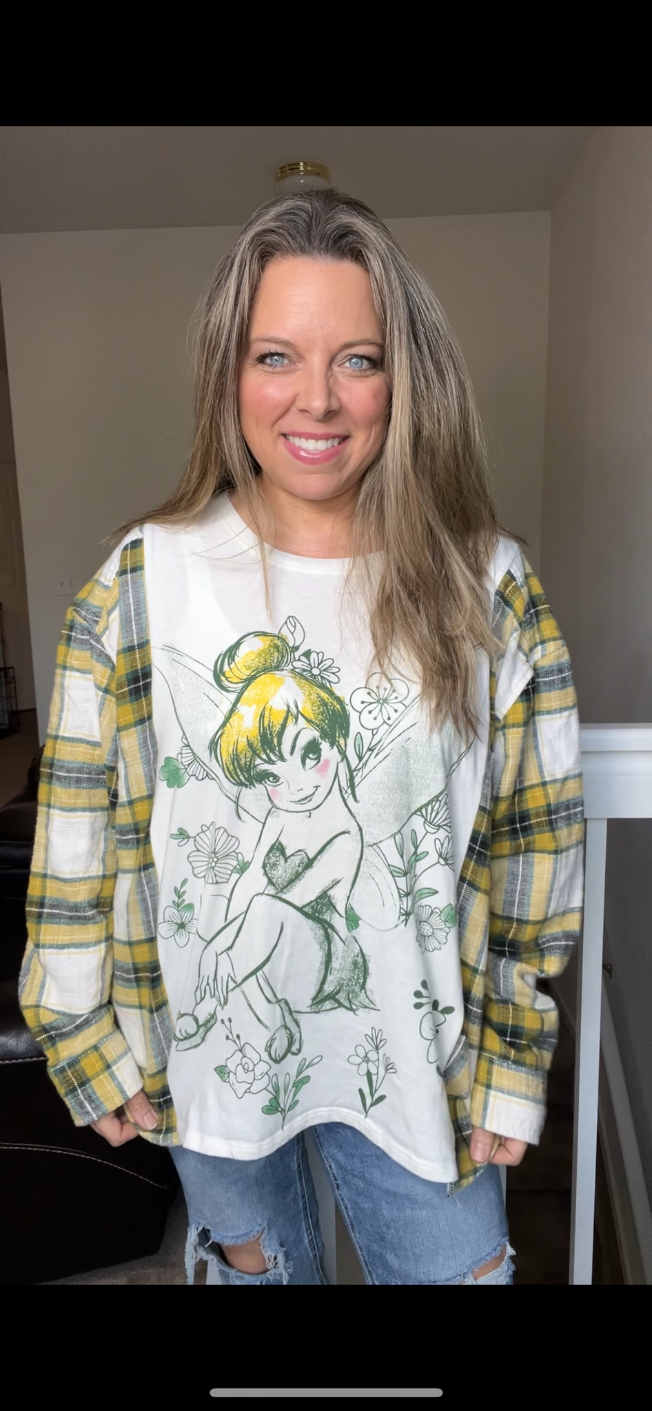 Upcycled TinkerBell – women’s 1X/2X T-shirt with flannel sleeves