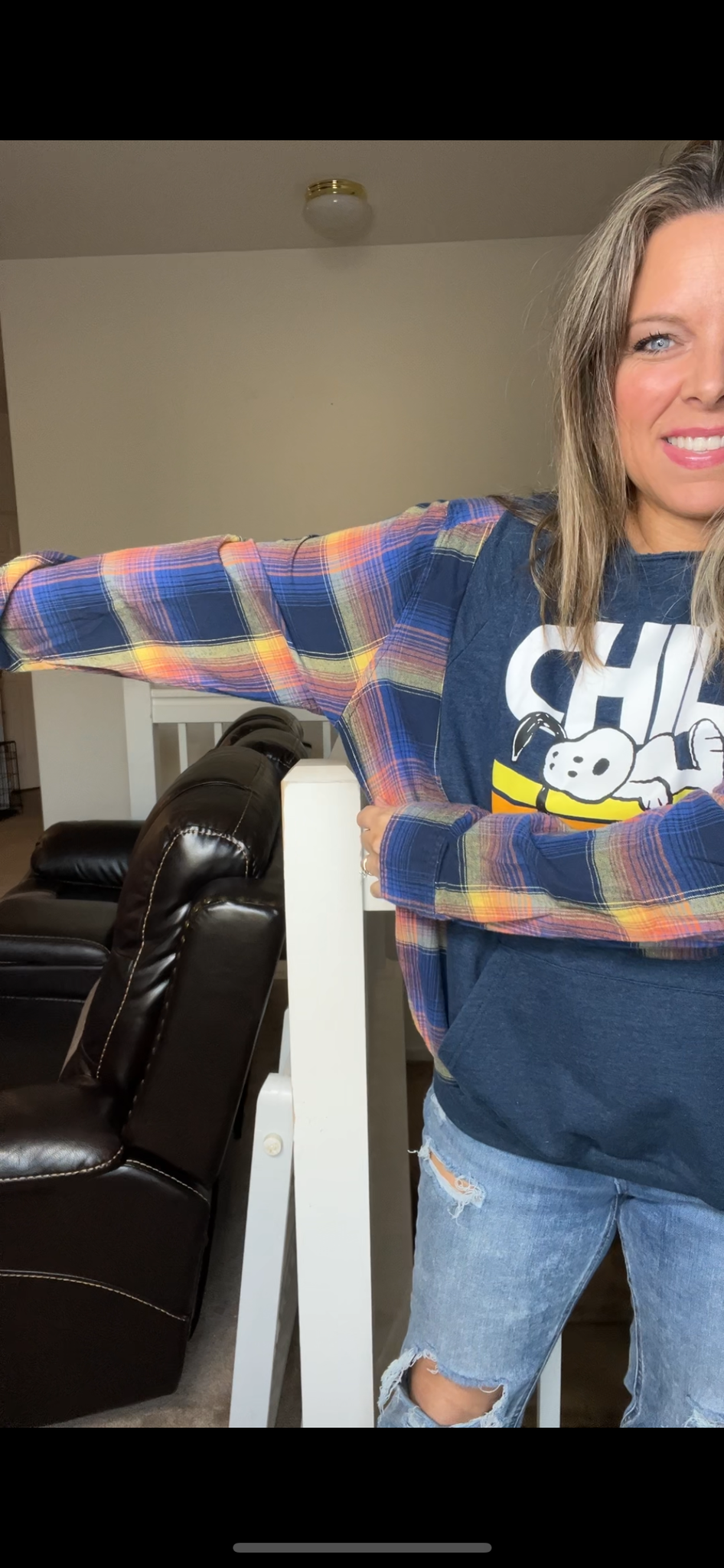 Upcycled Snoopy Chill – women’s large midweight sweatshirt with flannel sleeves