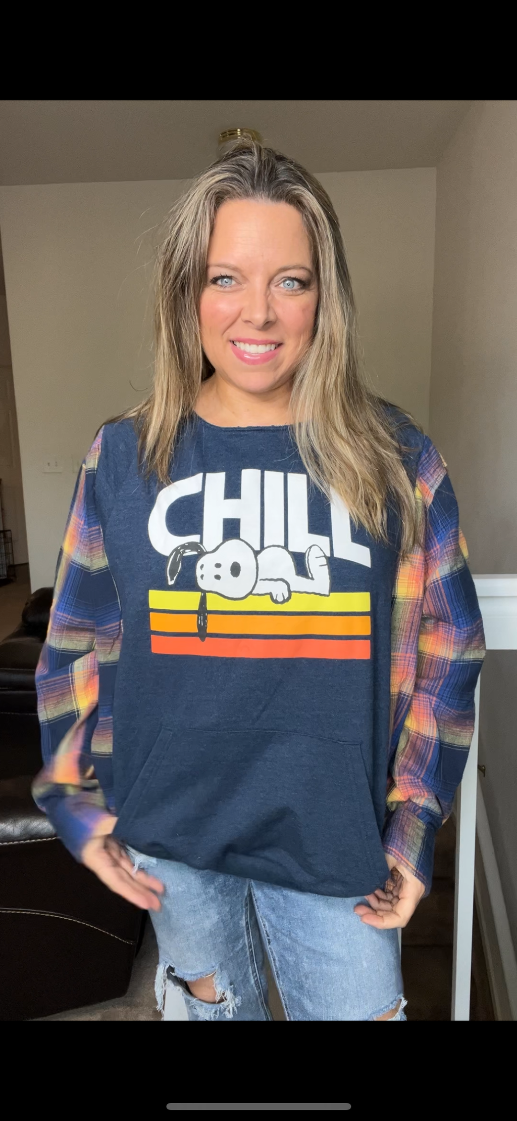 Upcycled Snoopy Chill – women’s large midweight sweatshirt with flannel sleeves