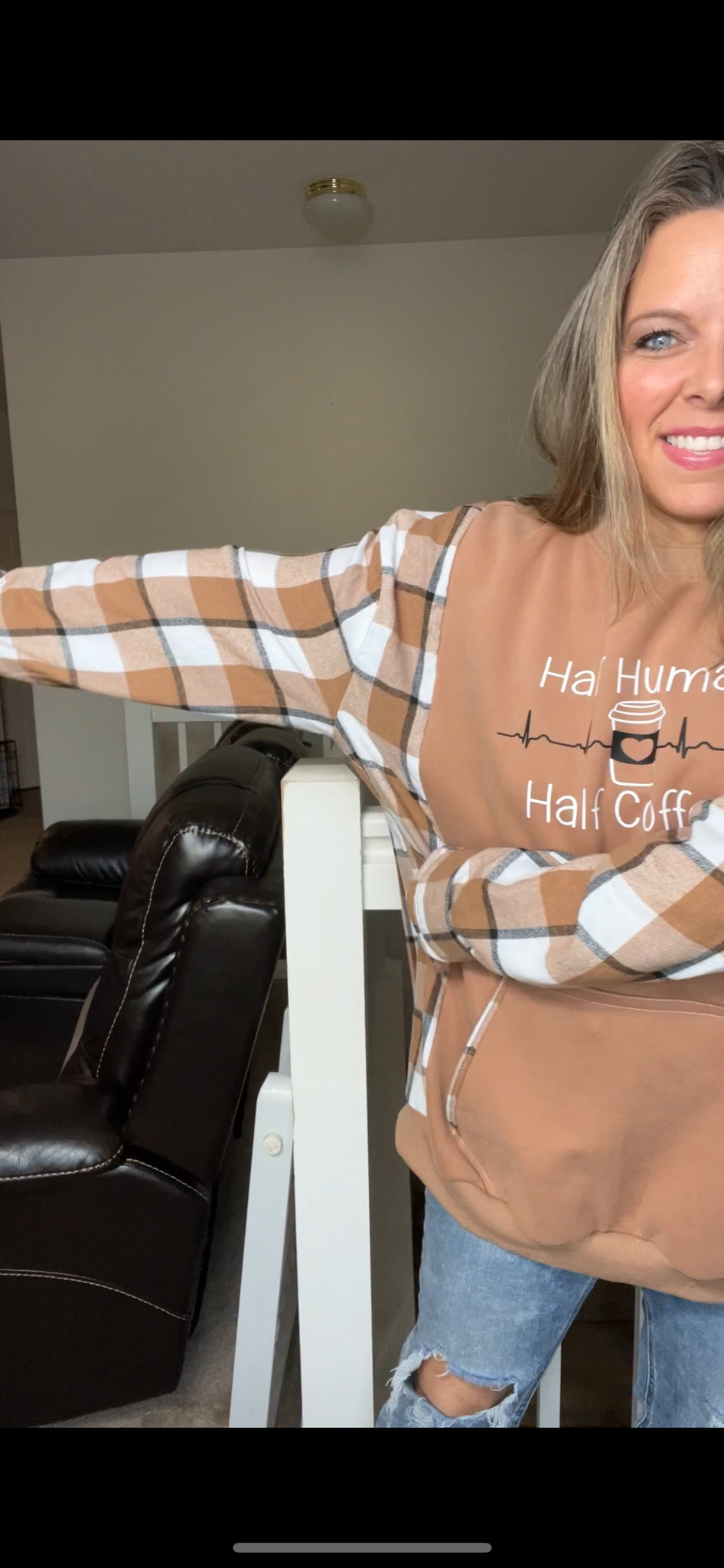 Upcycled Coffee – women’s 3X midweight sweatshirt with flannel sleeves