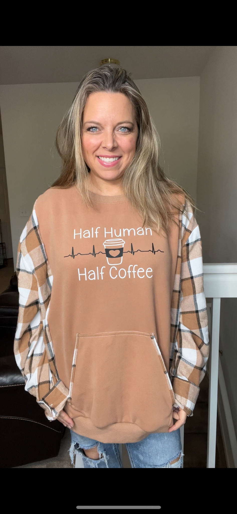 Upcycled Coffee – women’s 3X midweight sweatshirt with flannel sleeves