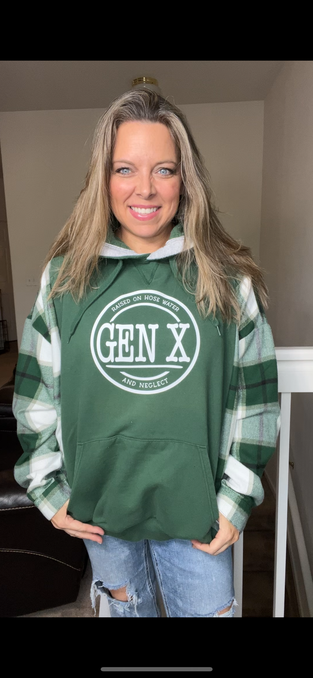 Upcycled Gen X green – women’s 2X midweight sweatshirt with thick flannel sleeves